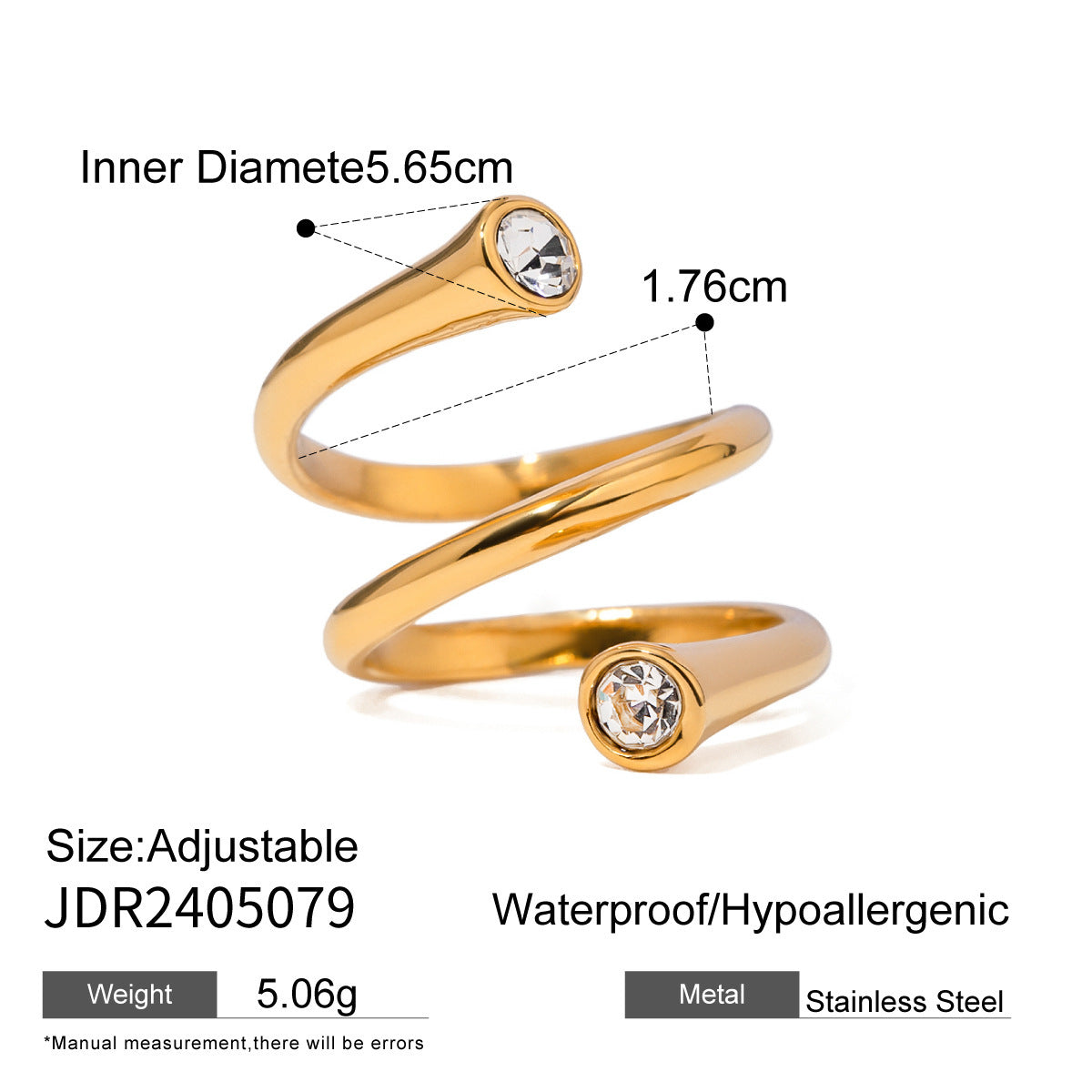 Unisex 18K Gold Plated Stainless Steel Ring With Zircon Open End Geometric Line Design Electroplated Jewelry XL