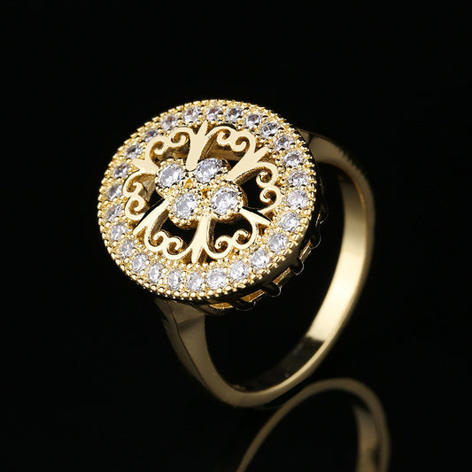 Womens Ring Gold Plated Copper Ring Sparkling Zircon Hollow Flower Design European Ring Wedding Jewelry Golden