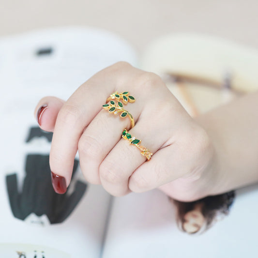 Leaves Design Ring Adjustable Zircon Copper Jewelry Elegant Unique Fashion Accessory For Her EverydayWear Gift