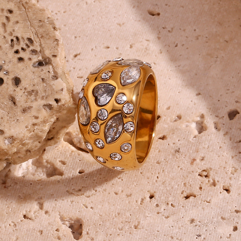 Womens Stainless Steel Ring with Gold White Zirconium Round Geometry Fashion Ring Jewelry Gift Design Size 6 7