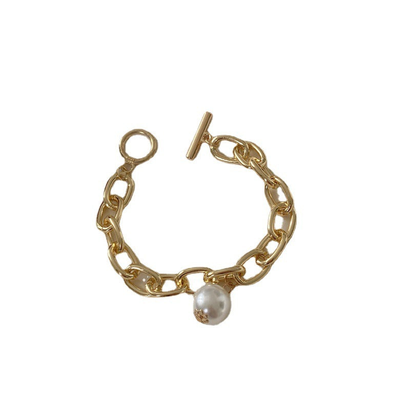Womens Retro Geometric Alloy Bracelet With Pearl Pendant Electroplated Punk Jewelry Large Pearl Bracelet Female