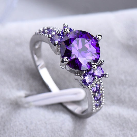 Purple Zircon Diamond Inlay Copper Band Ring Korean Style White Gold Gem Jewelry Fashion Accessory Women Gleam