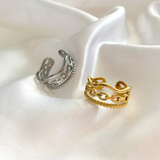 Three Layer Wave Ring With Hollow Beads Titanium Steel 18K Gold Plating Unisex Adjustable Geometric Lace Style