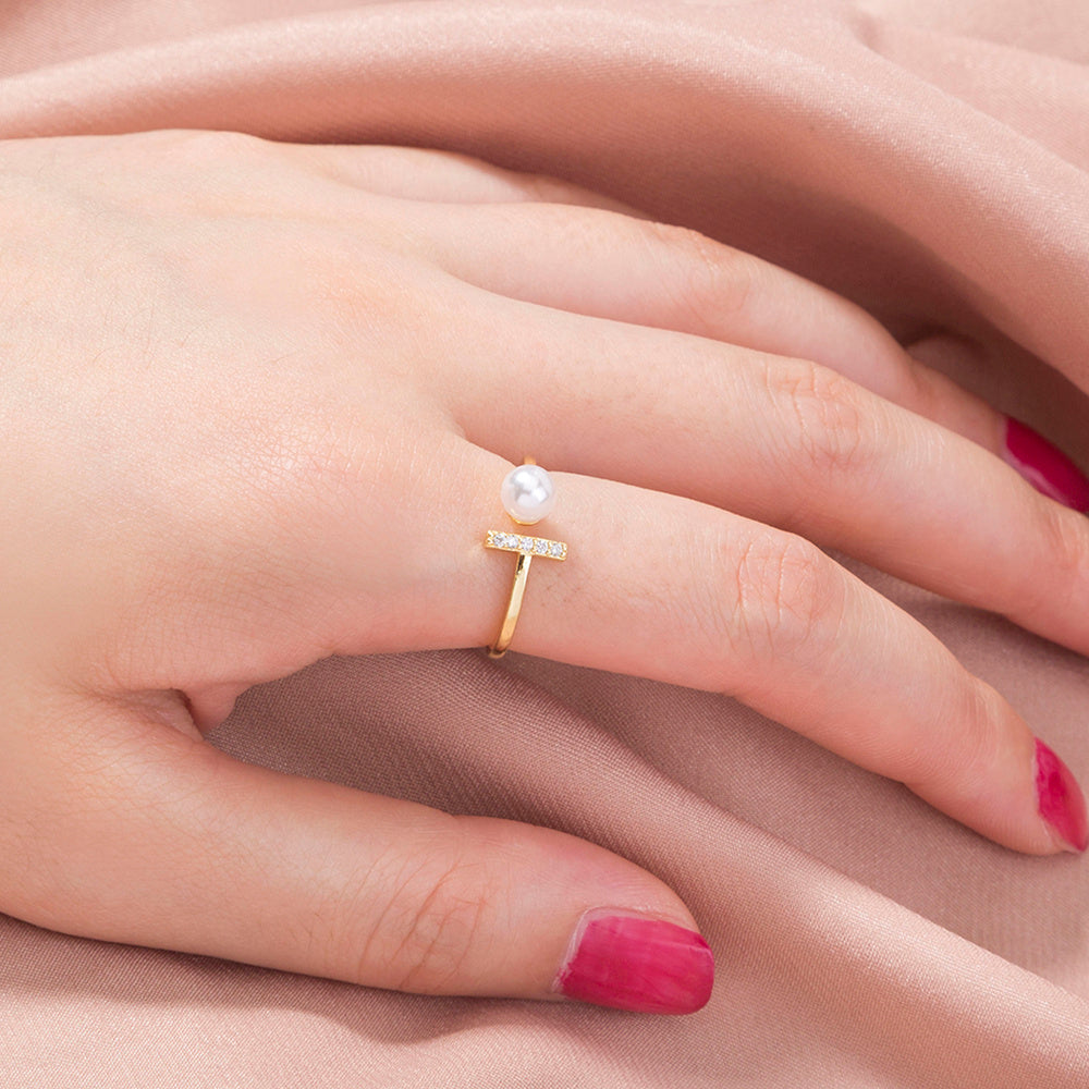 Adjustable Copper Ring Zircon T Shaped Gold Pearl Accent