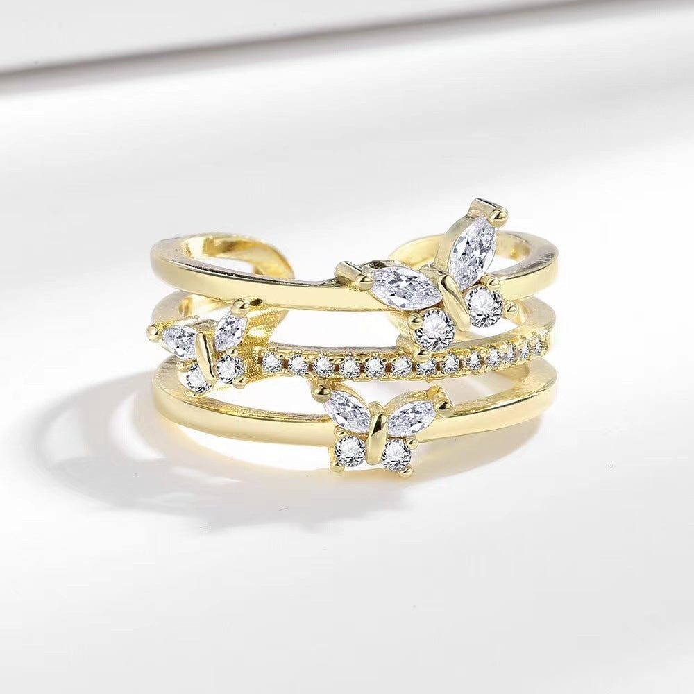 Unisex Double Butterfly Zircon Ring Adjustable Open Copper Electroplated Jewelry For Women Men Fashion Jewelry