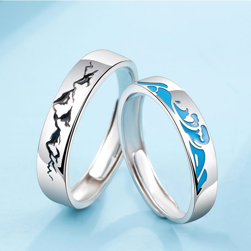925 Sterling Silver Wave Design Couple Rings Epoxy Finish Matching Promise Bands For Him And Her For Every Day