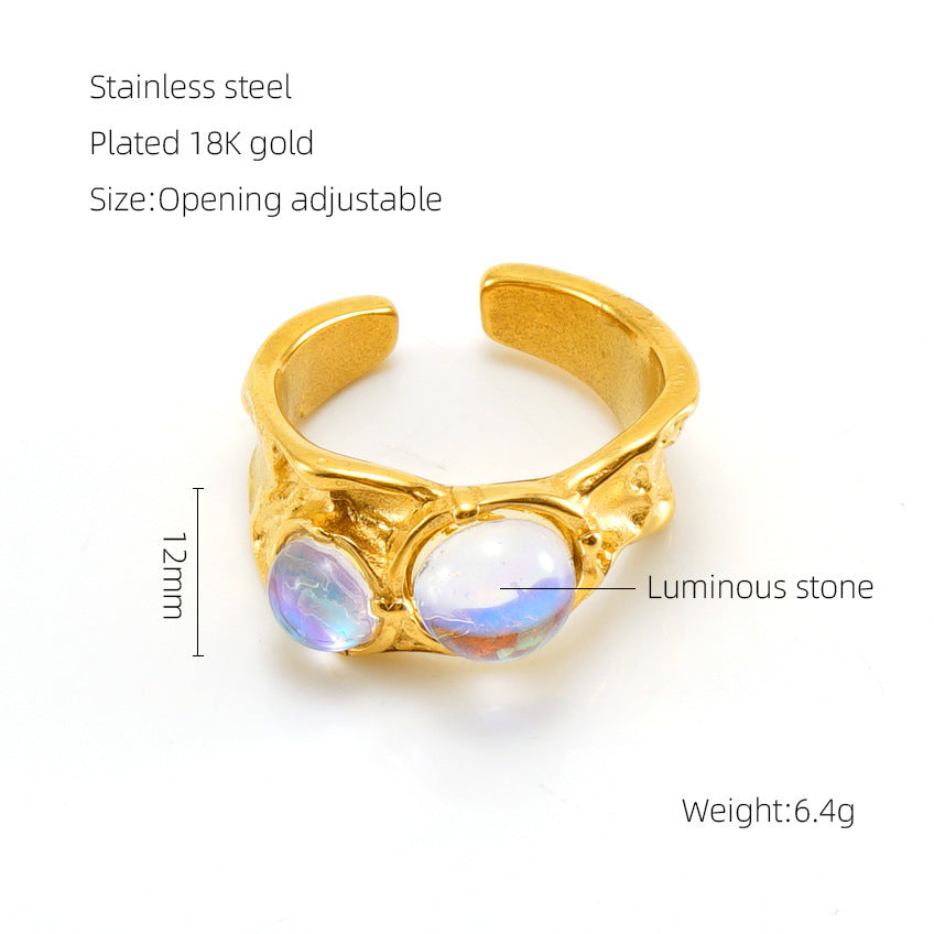 Women's Stainless Steel Ring with Moonstone Gem Irregular Geometric Lines and Heart Diamond Shape Accents Adjustable Opening European American Retro Ring