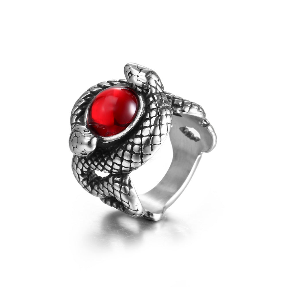 Men's Double Snake Ring Vintage Titanium Steel Biker Ring with Zircon Stone Retro Fashion Jewelry Ring Gift for Him Red Black Sizes 7 to 12