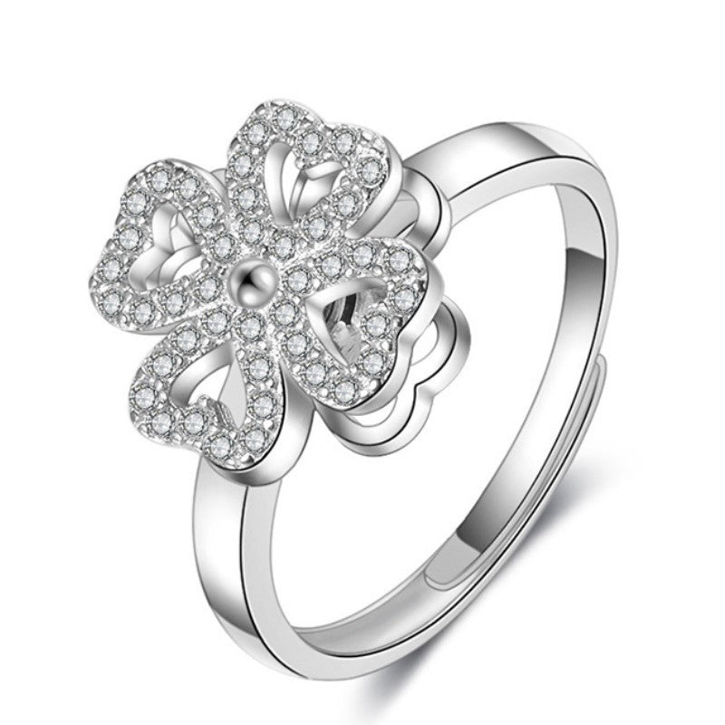 Four Leaf Clover Rotating Ring For Women Adjustable Cupronickel Alloy Inlaid Gemstone Jewelry Gift For Gifts