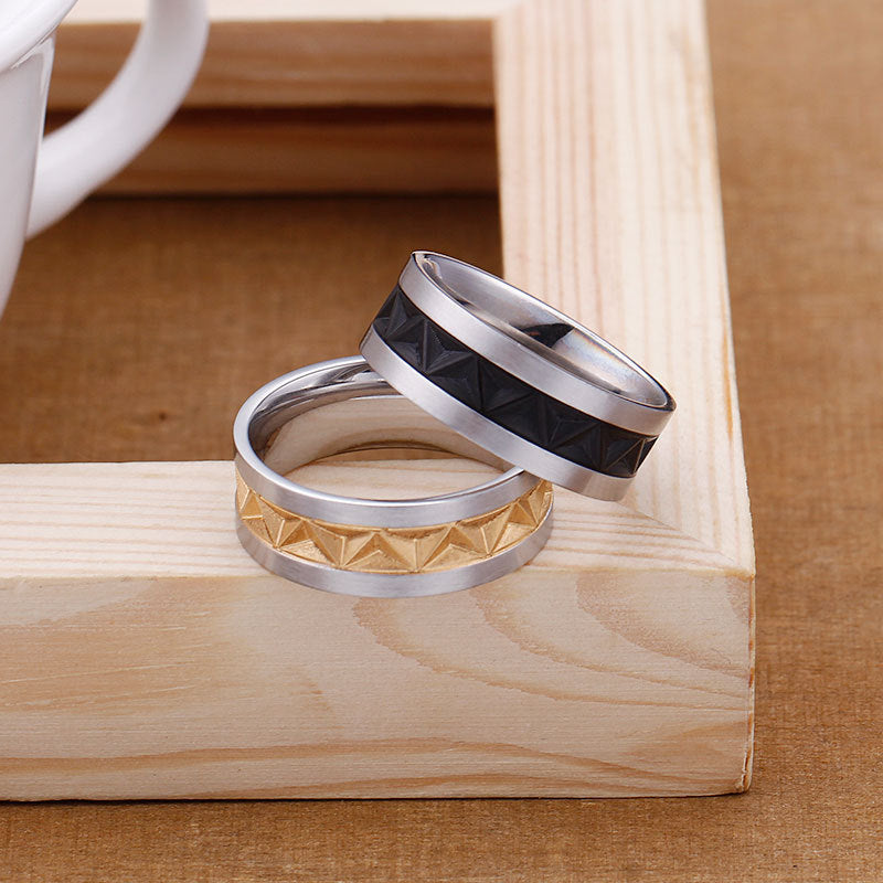 Unisex Titanium Steel Ring Embossed Electroplating Two Color Gold Pattern Geometric Statement Ring Jewelry Band