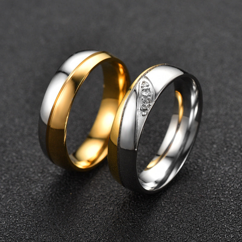 Stainless Steel Diamond Inlay Couple Ring 6mm Gold Plated Wedding Band For Him And Her Diamond Style For Pairs