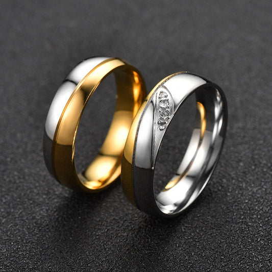 Stainless Steel Diamond Inlay Couple Ring 6mm Gold Plated Wedding Band For Him And Her Diamond Style For Pairs