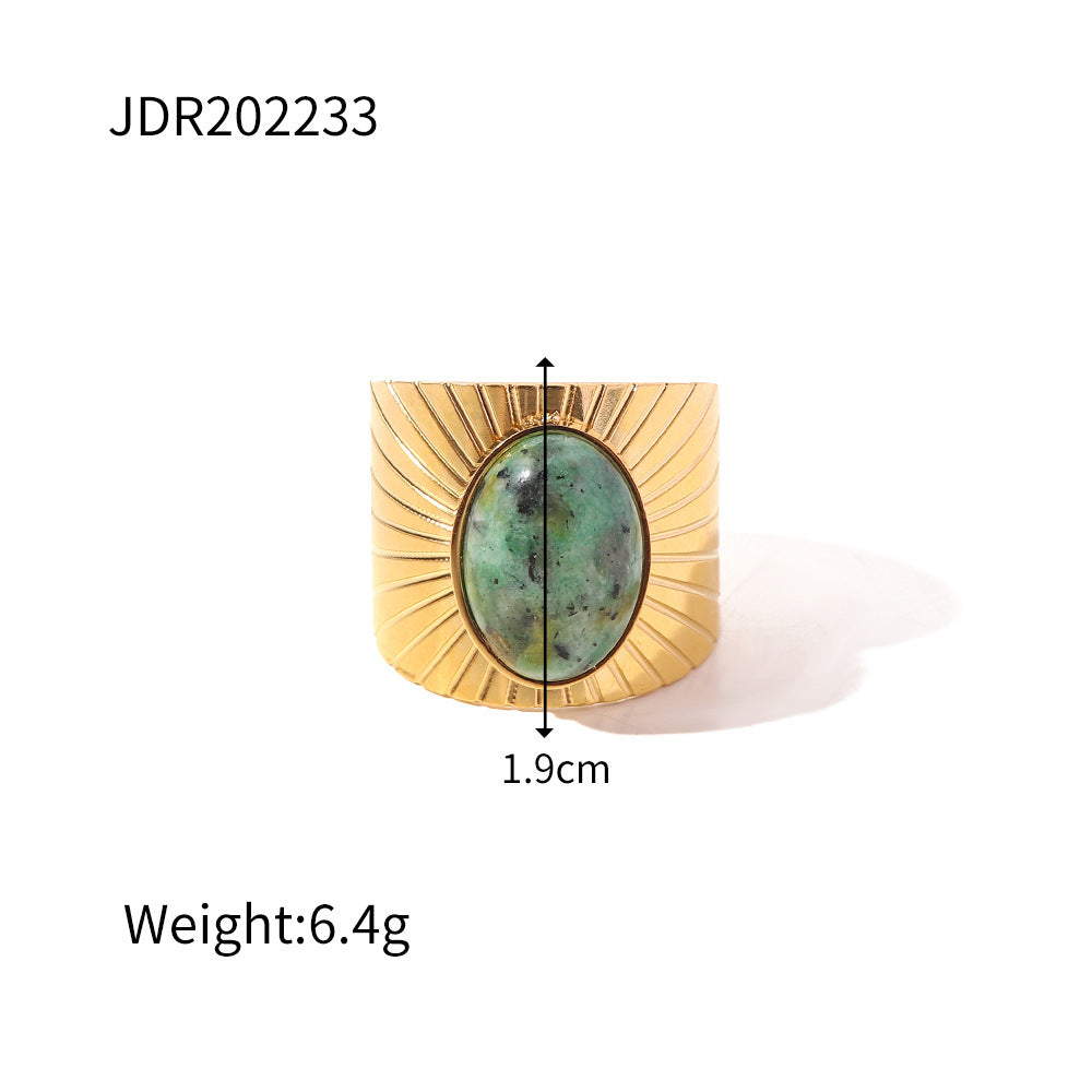Retro Oval African Turquoise Wide Face Ring For Women Stainless Steel Inlaid Jewel Design Geometric Ring Style
