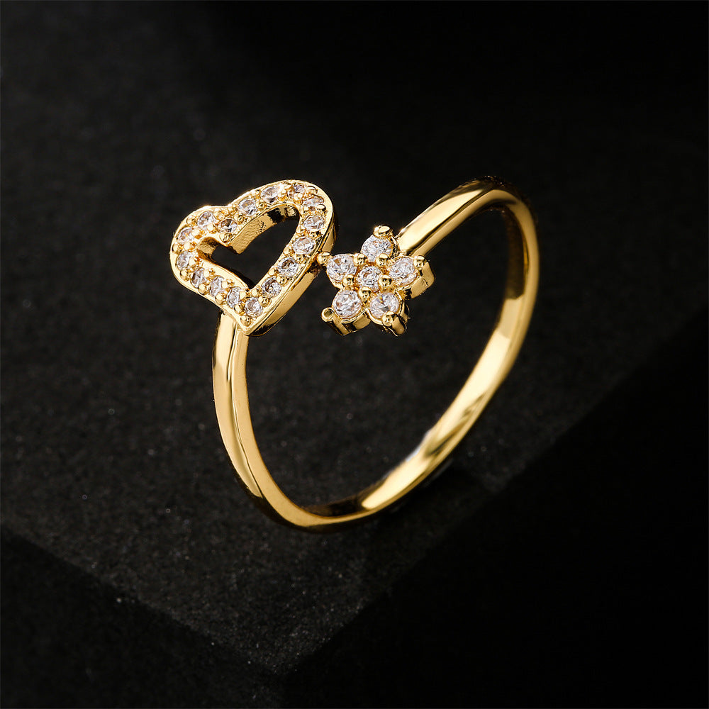 Womens Golden Love Shape Zircon Inlay Ring With Adjustable Copper Band European American Jewelry Gift Box Love