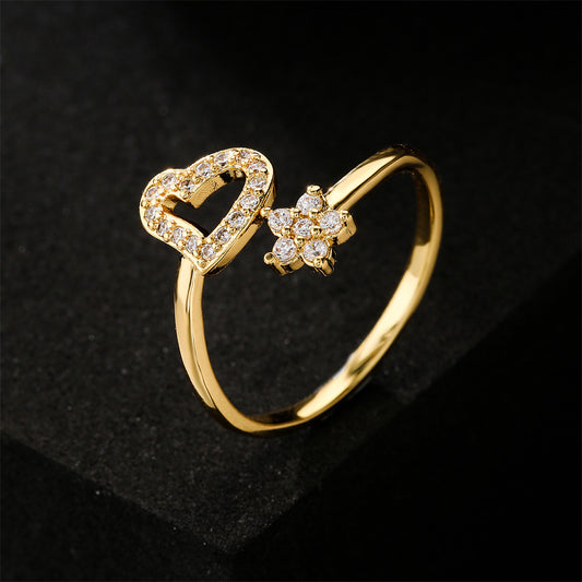 Womens Golden Love Shape Zircon Inlay Ring With Adjustable Copper Band European American Jewelry Gift Box Love