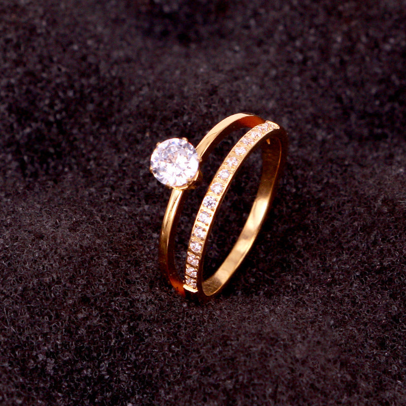 Womens Titanium Steel Ring Double Layer Zircon Inlaid Diamond Electroplated Elegant FashionJewelry Gift Durable