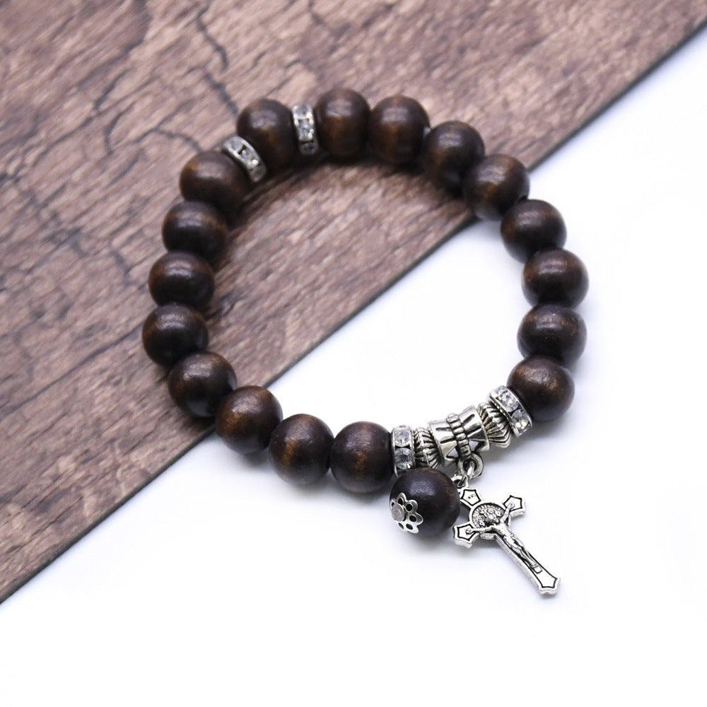 Unisex Wooden Bead Bracelet With Cross Charm Religious Totem Design And Alloy Inlaid Gems Coffee Color Wood Bracelet