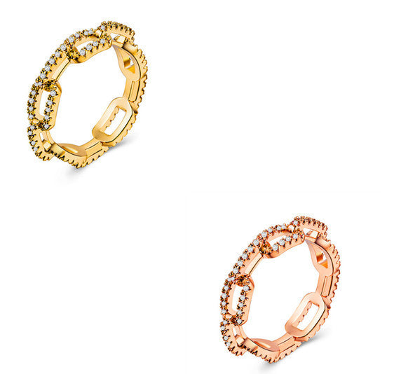 Zircon Inlaid Lock Chain Ring Gold Plated Copper Geometric