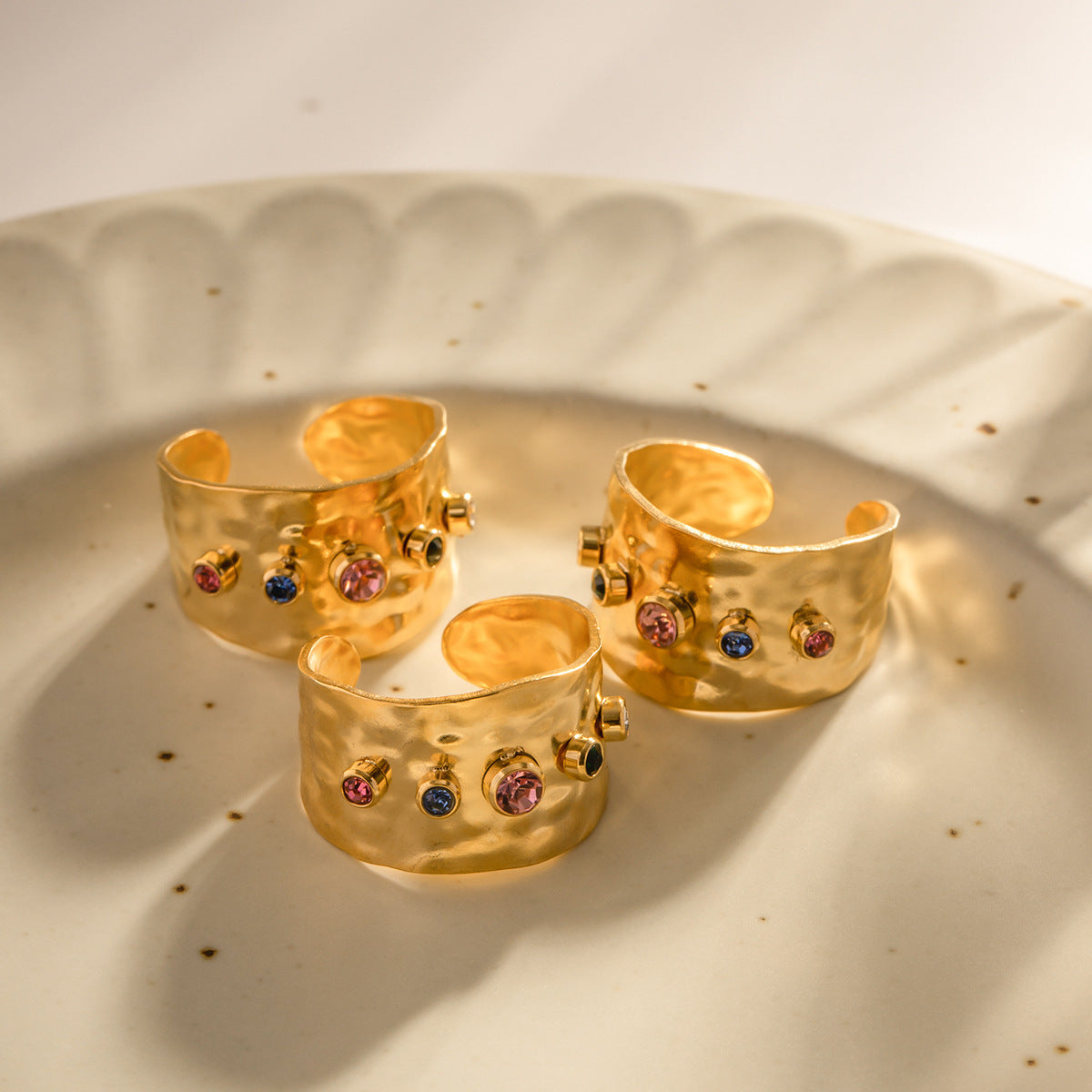 Adjustable Zircon Ring Stainless Steel Gold Tone Wide Band Fashion Jewelry Elegant Gift for Her Stylish Everyday Wear