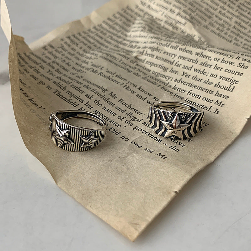 Womens Sterling Silver Ring Vintage Classic Distressed Pentagram Ring Adjustable Opening Jewelry For Women Timeless Gem