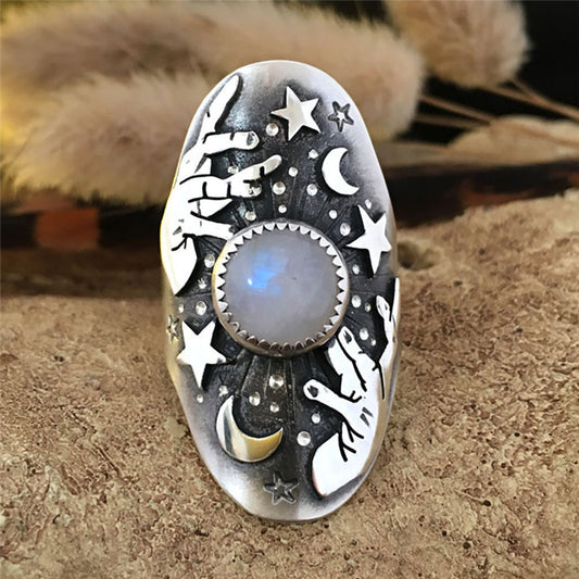 Unisex Moonstone Ring Flower Shape Electroplated Alloy Jewelry Vintage Silver Style Everyday Wear Unique Motif Ring