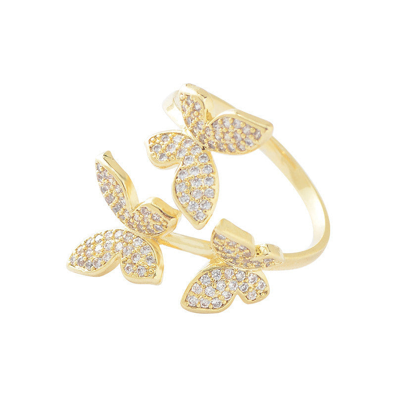Womens Butterfly Ring Gold Plated Copper Gemstone Floral Design Jewelry Elegant Statement Accessory Korean Style