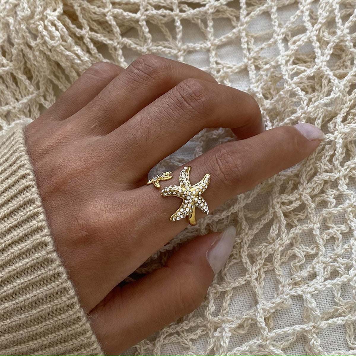 Women Stainless Steel Ring Starfish Design Zodiac Ring Electroplated Fashion Jewelry Gift For Her Elegant Diamond
