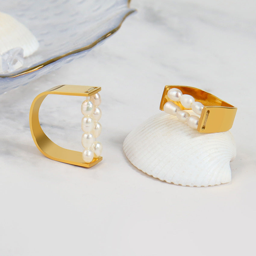 Titanium Steel Ring Double Stacked Irregular Rectangular Design With Leaf And Stars Accents White Pearl Finish