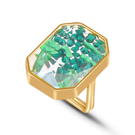 Womens Exaggerated Square Ring Geometric Crystal Inlaid Gold Plated Metal Artificial Gemstone Fashion Jewelry Gift