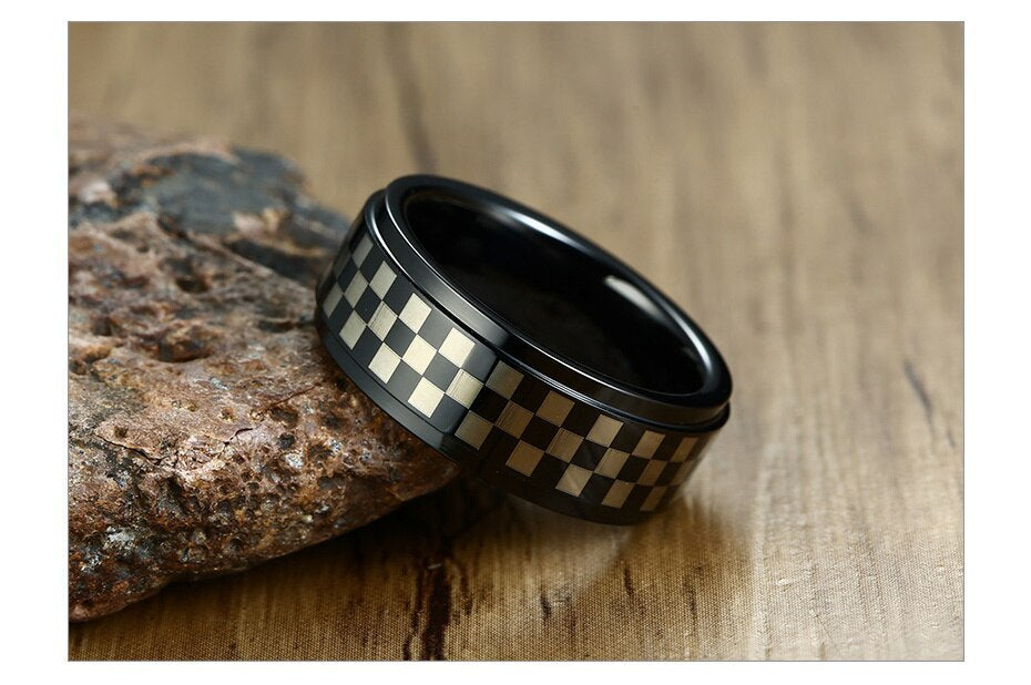 Unisex Rotating Ring Black White Checkered Stainless Steel Sturdier Fashion Accessory Modern Statement Jewelry