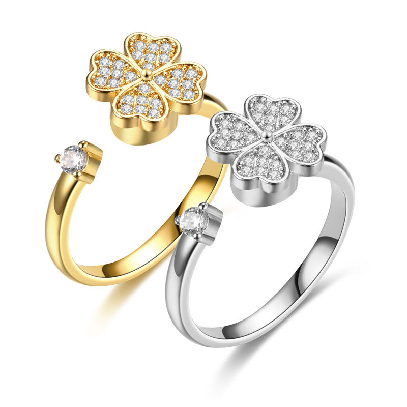 Rotating Clover Ring for Women Four Leaf Gold Silver Tone