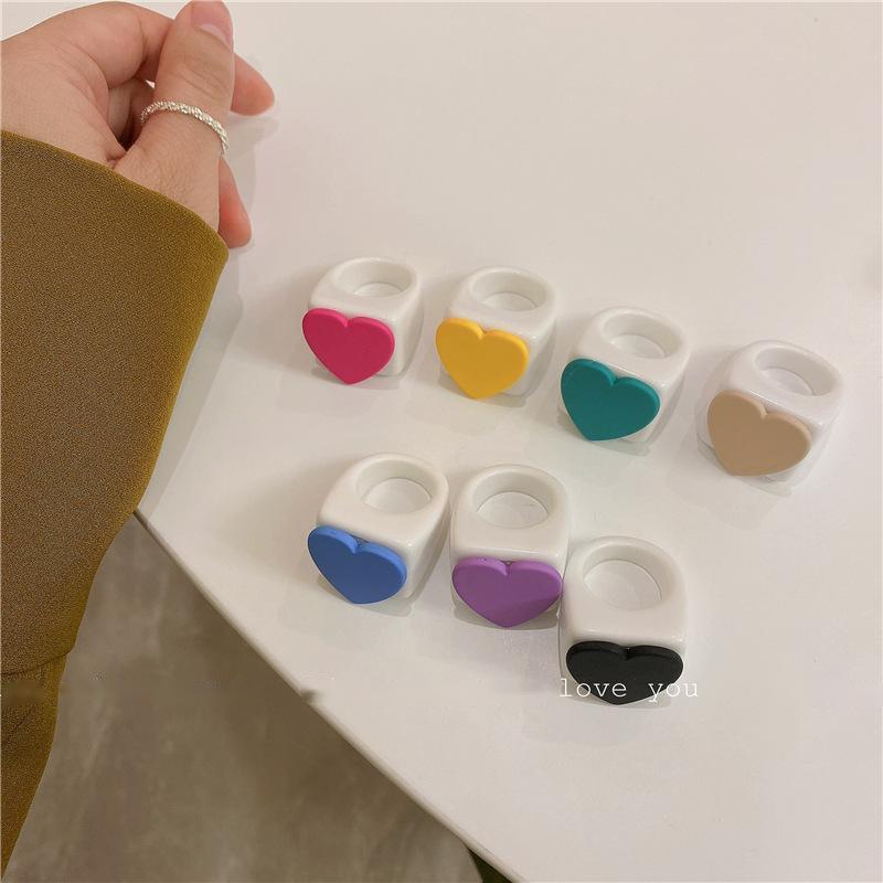 Womens Heart Resin Ring Cute Candy Color Ring Korean Fashion Plastic Love Ring For Women Cute Resin Heart Ring