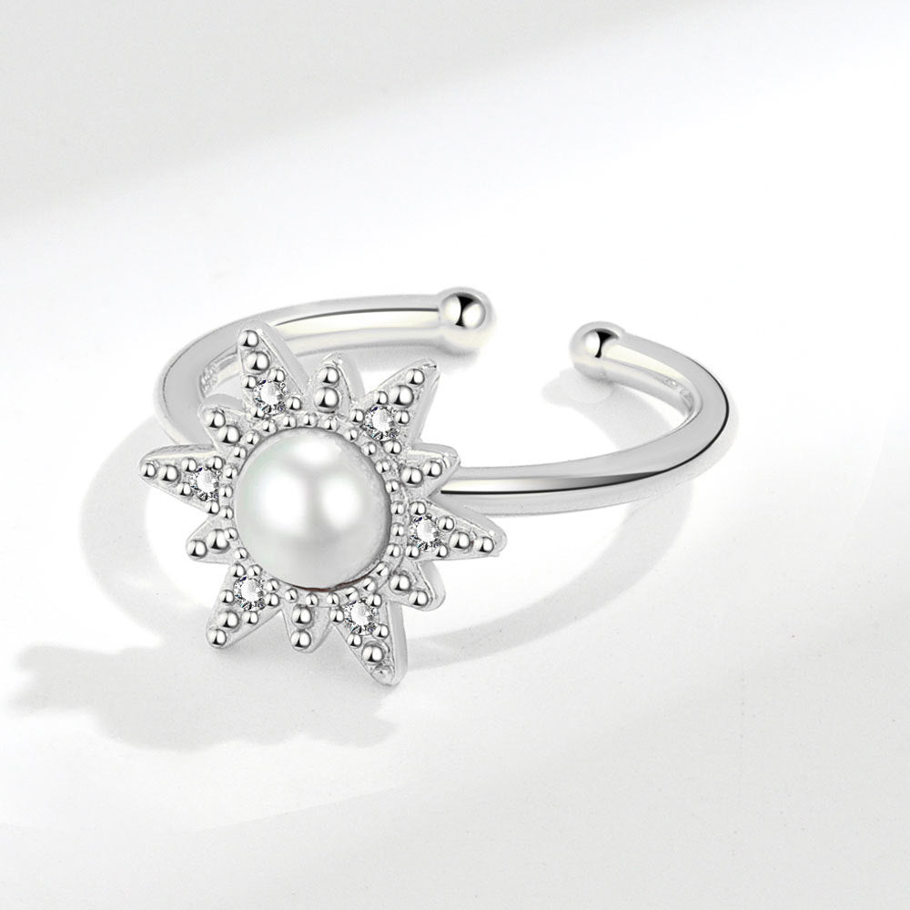 Rotatable Sunflower Pearl Ring With Adjustable Opening Copper Three Layer Plating Gold Platinum Finish Face 14mm
