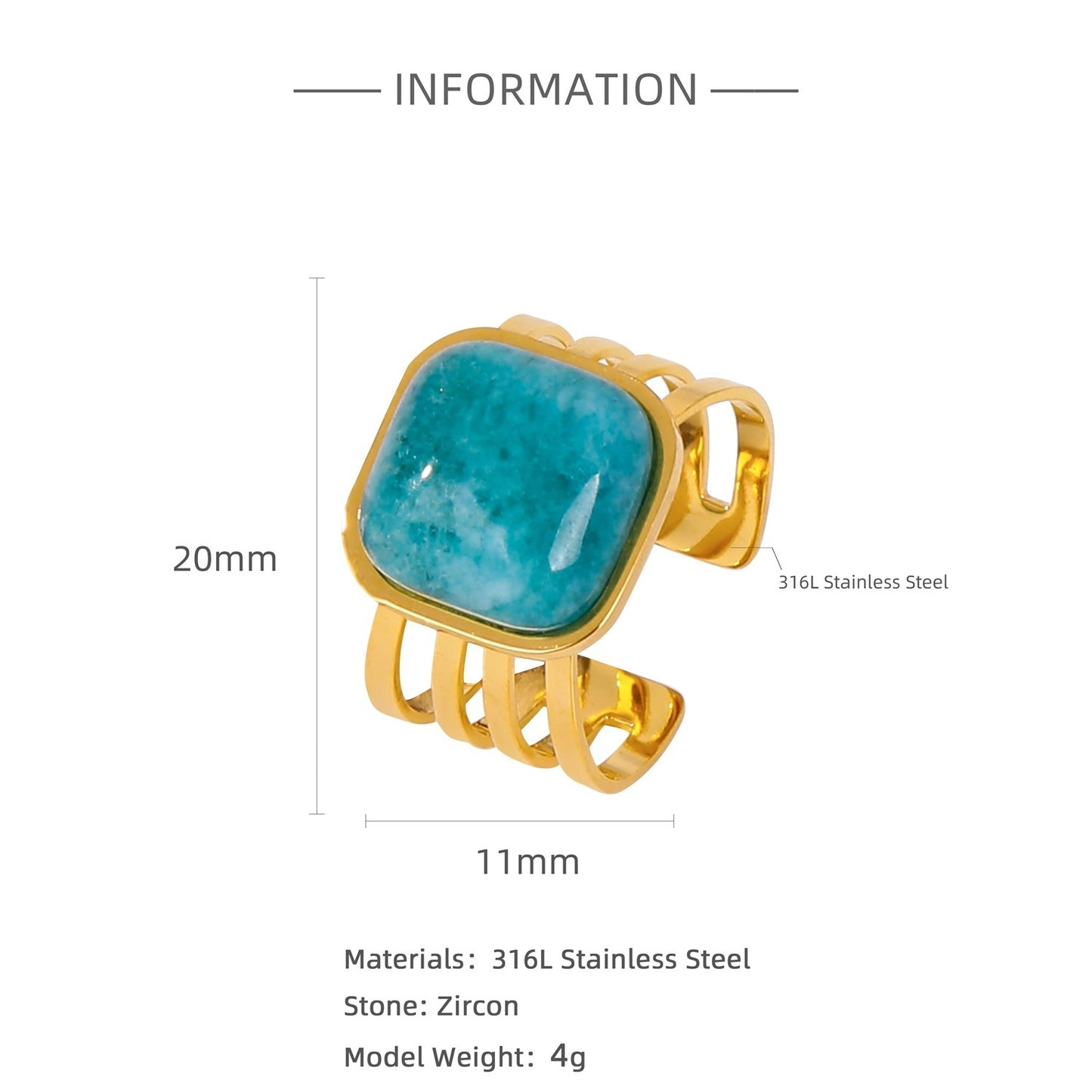 Inlaid Natural Stone Ring For Women Stainless Steel