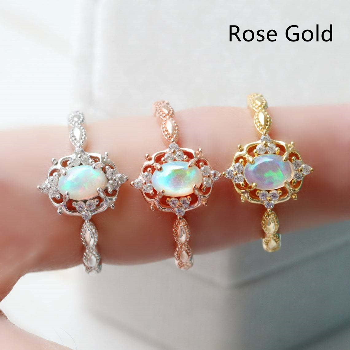 Women Vintage Openwork Opal Ring Retro Geometric Alloy Fashion Ring Electroplated Gold Silver Rose GoldWedding