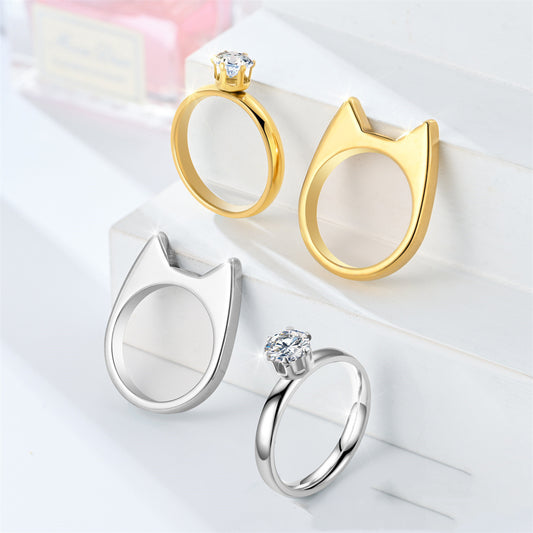 Cat Ear Rings Stainless Steel Polished Cartoon Couple Jewelry Gift For Animal Lovers Golden Zircon Accents Lux