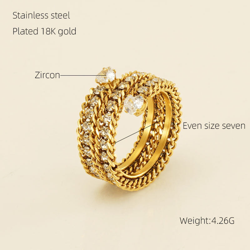 Women's Stainless Steel Ring 18K Gold Plated Full Diamond Multilayer Inlaid Zirconium Geometric Ring Fashion Jewelry for Women Girls Party