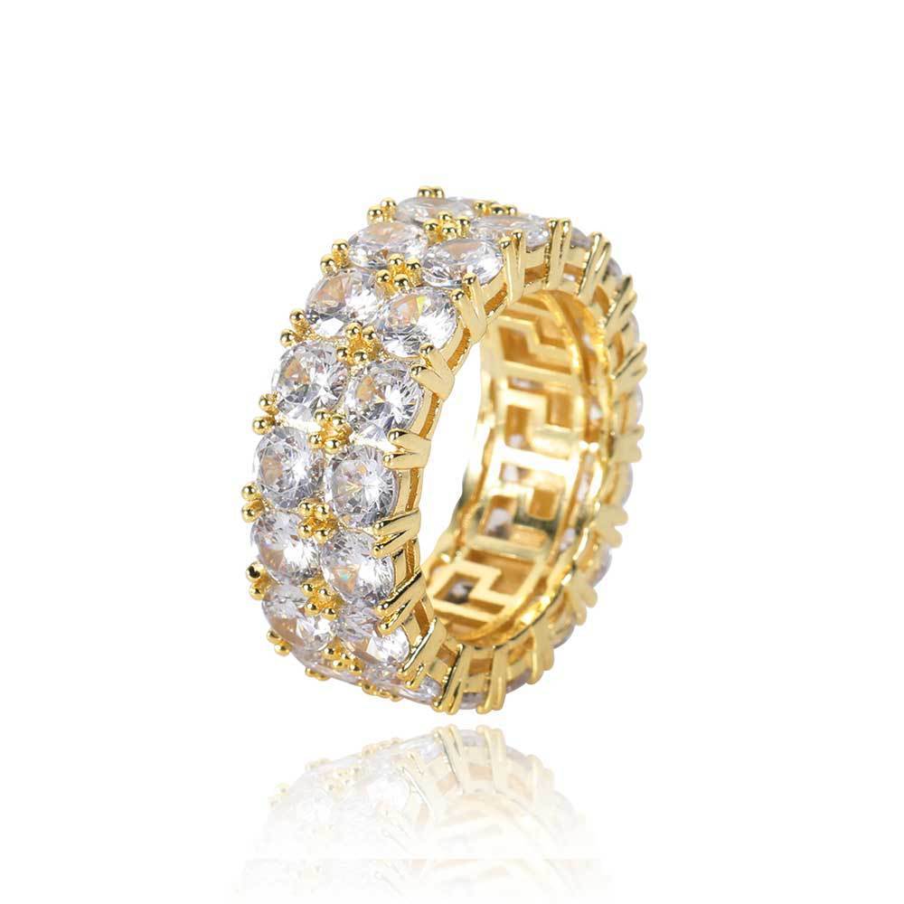 Double Row Diamond Ring Gold Plated Copper Jewelry Geometric Design Hip Hop Style Inlaid Zircon Radiant Zircon