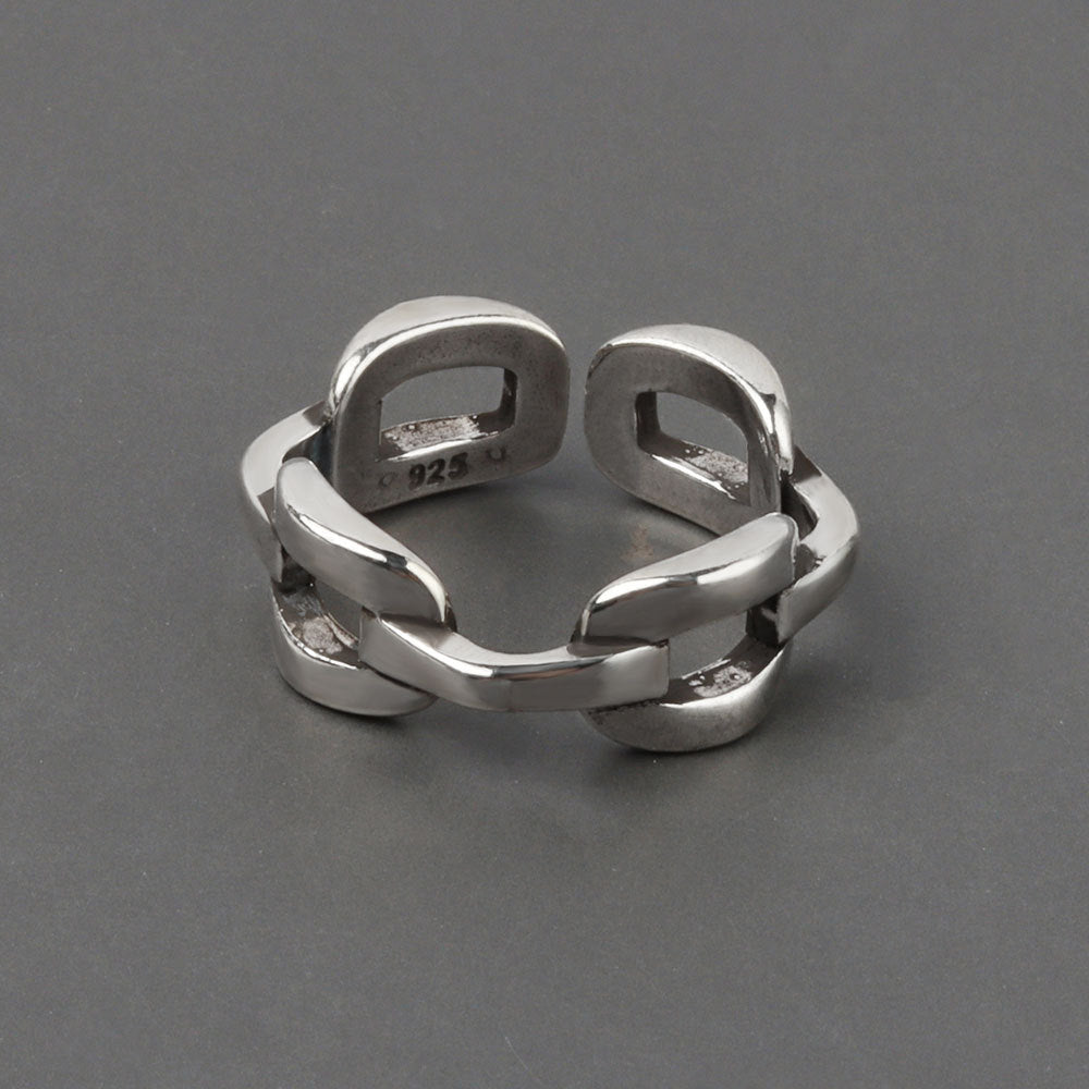 Adjustable Copper Ring With Chain Link Retro Hollow Geometric Thai Silver Three Layer Electroplating Bold Tone