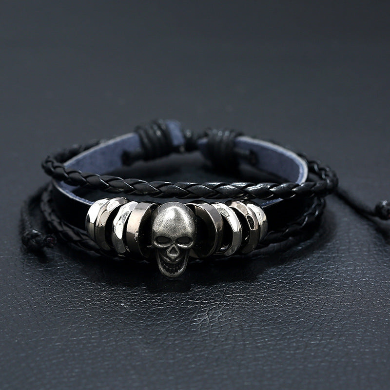 Mens Leather Bracelets With Beaded Skull And Geometric Design Adjustable Drawstring Closures Cowhide Wristband