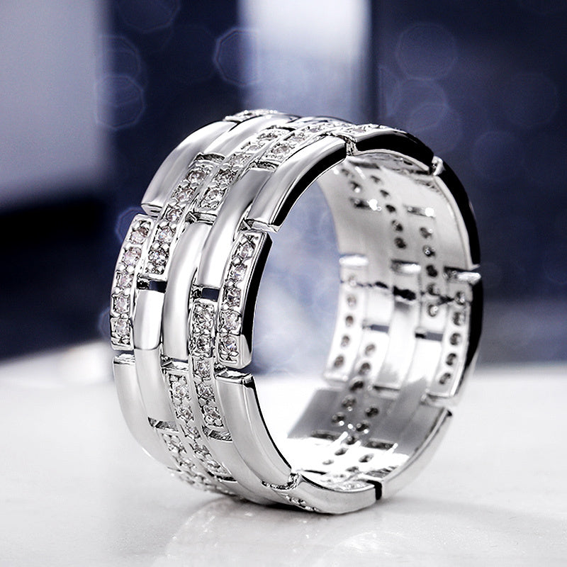 Men Wide Zircon Micro Pave Ring Copper Geometric White Gold Tone Fashion Jewelry Accessory Elegant Unisex Ring