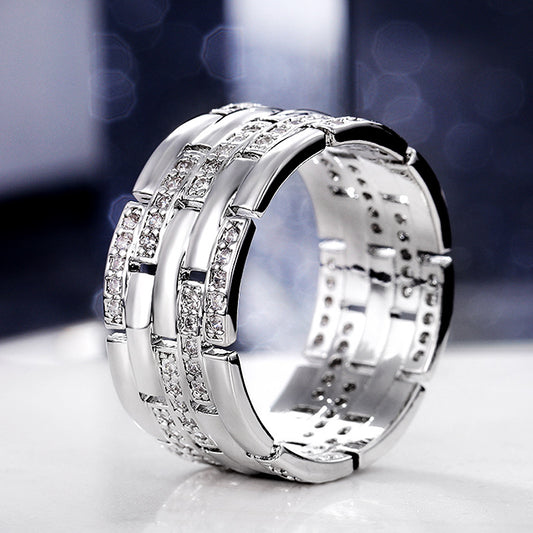 Men Wide Zircon Micro Pave Ring Copper Geometric White Gold Tone Fashion Jewelry Accessory Elegant Unisex Ring