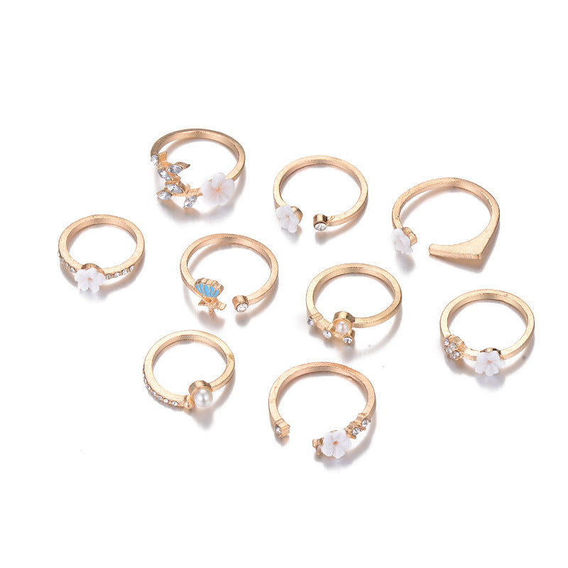 Gold Plated Flower Ring Set 9 Piece Metal Rings For Women Gift Individually Wrapped Jewelry Stunning Gift Idea