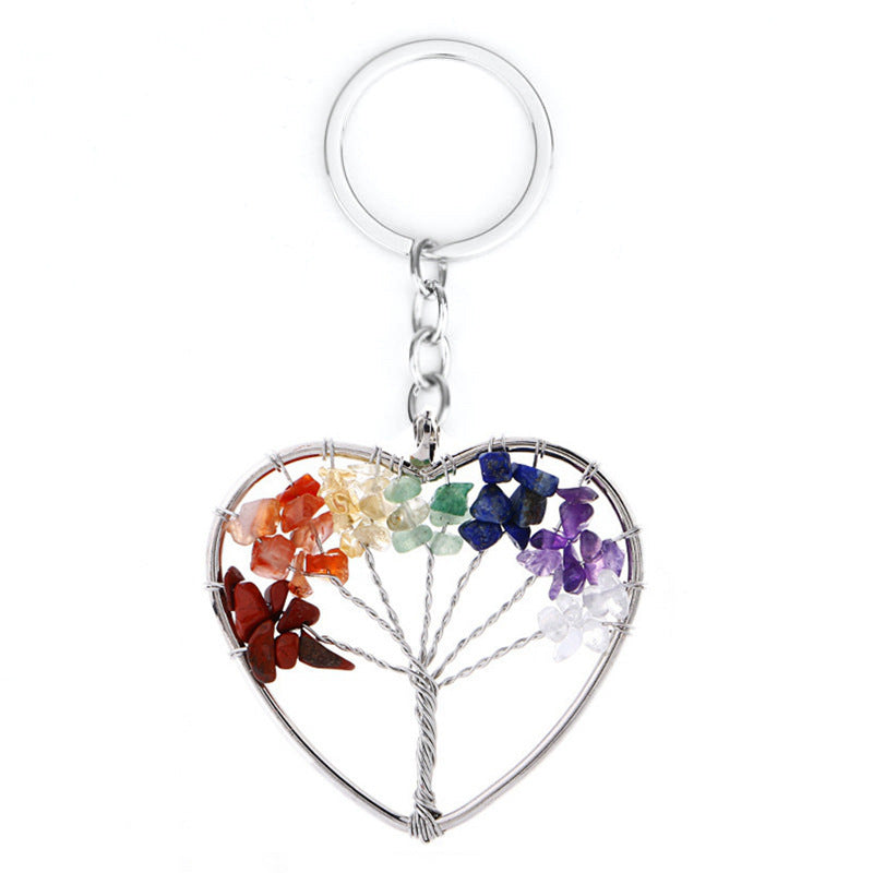 Tree Of Life Keychain Natural Crystal Copper Wire Pendant With Leather Rope For Keys Car Charm White 5cm 7 Colors