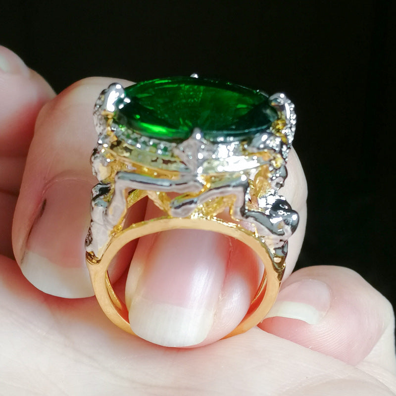 Dual Tone Emerald Zircon Rings For Ladies Ovalish Inlay Alloy Jewelry Gift For Her Elegant Fashion Accessories