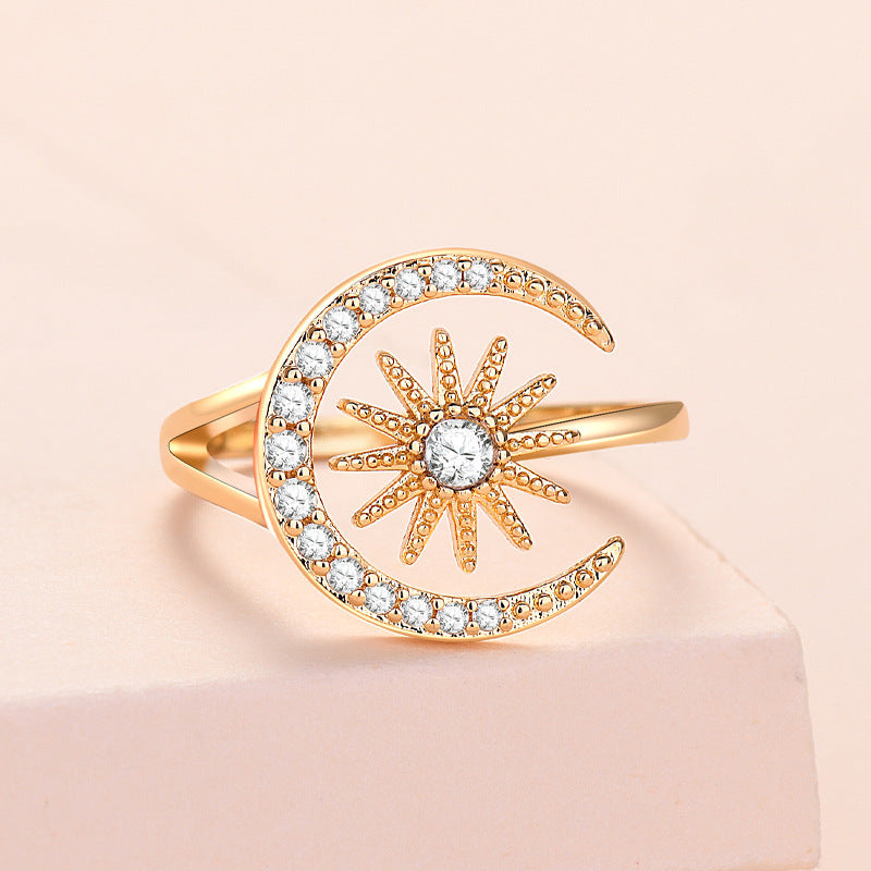Adjustable Sun Moon Zircon Ring Gold Plated Copper Star Ring With Gems Celestial Jewelry For Women Lovers Gift