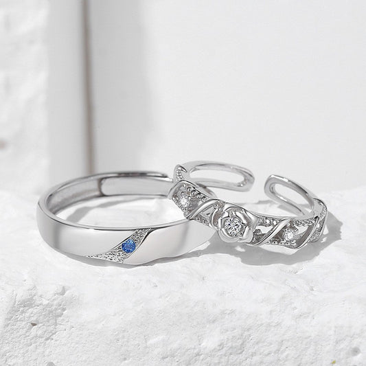 Desert Rose Sterling Silver Couple Rings Matching Design Adjustable Opening Band Anniversary Gifts For Couples