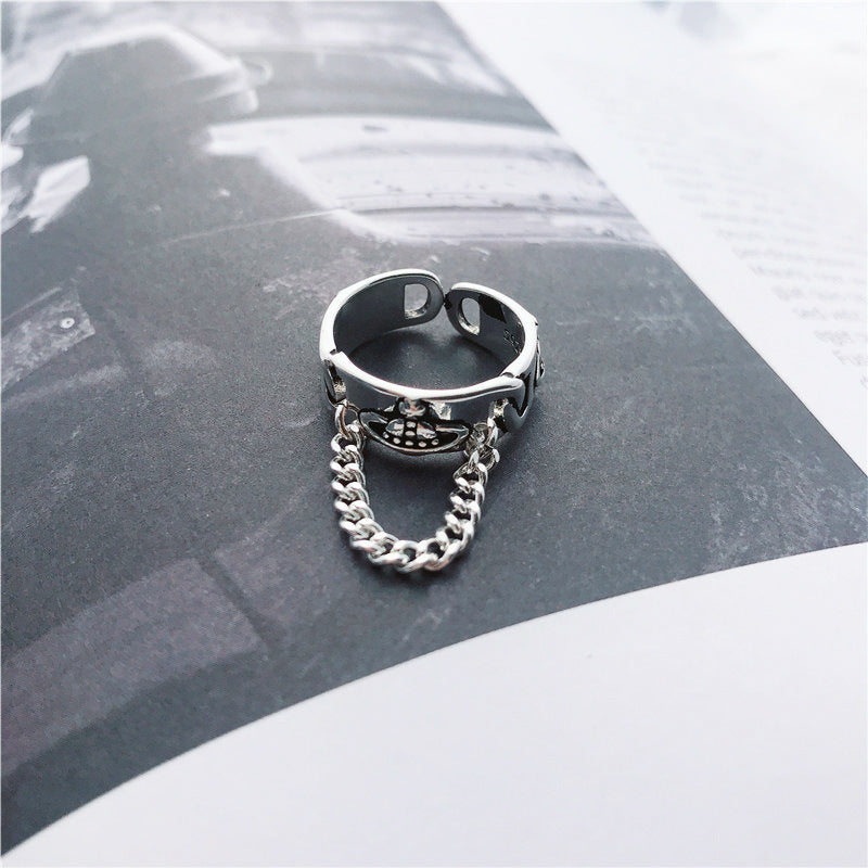 Womens Adjustable Geometric Silver Ring Saturn Design