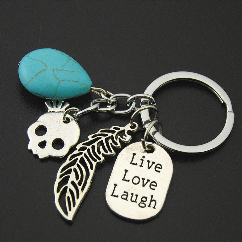 Unisex Skull Keychain Antique Silver Plated Alloy Turquoise Pendant Decoration Gift Skull Key Ring Collectible