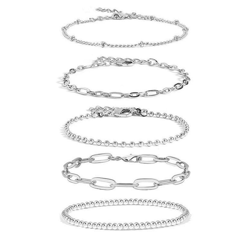 Womens Alloy Bracelet Set Multi Layer Bead Ball Chain And Cross Back Chain Fashion Jewelry 5 Piece Gold Tone Finish